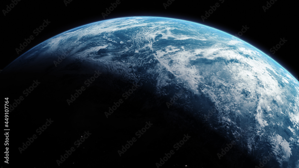 Poster a cinematic rendering of planet earth during sunrise as view from space with vibrant blue atmosphere