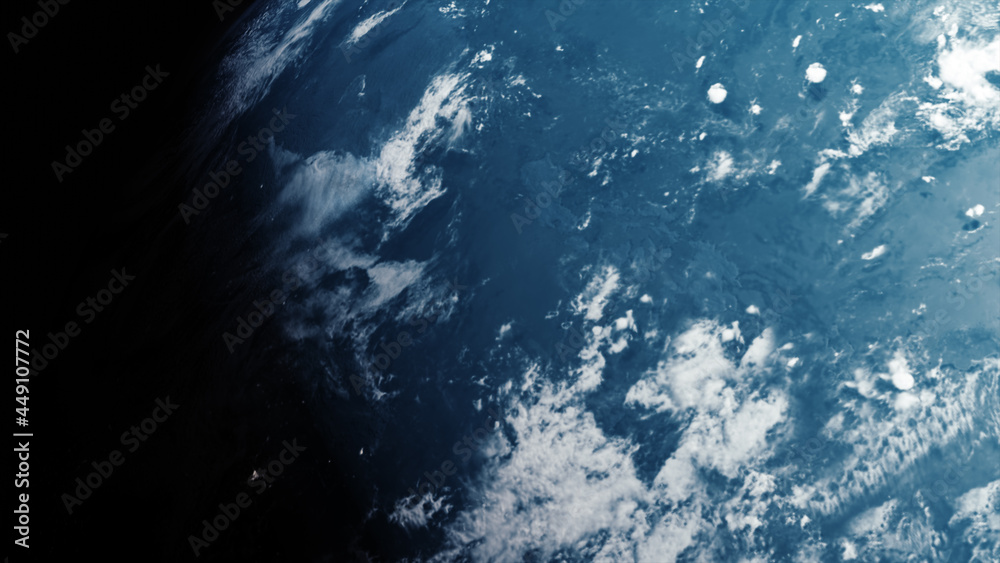 Poster a cinematic rendering of planet earth during sunrise as view from space with vibrant blue atmosphere
