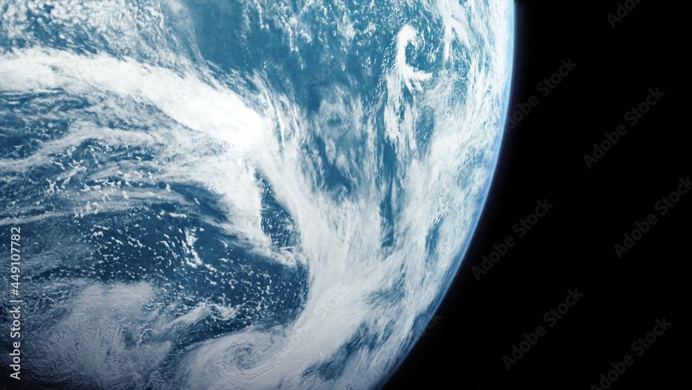 Poster a cinematic rendering of planet earth during sunrise as view from space with vibrant blue atmosphere