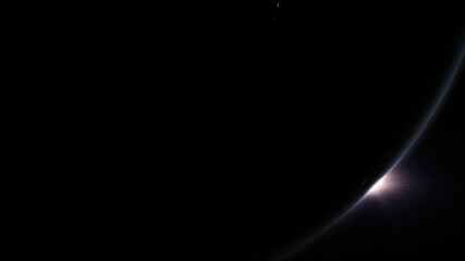 A cinematic rendering of planet Earth during sunrise as view from space with vibrant blue atmosphere and cloudy sky showing continents below