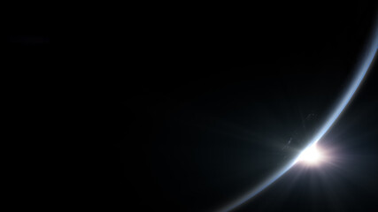 A cinematic rendering of planet Earth during sunrise as view from space with vibrant blue atmosphere and cloudy sky showing continents below