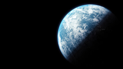 A cinematic rendering of planet Earth during sunrise as view from space with vibrant blue atmosphere and cloudy sky showing continents below