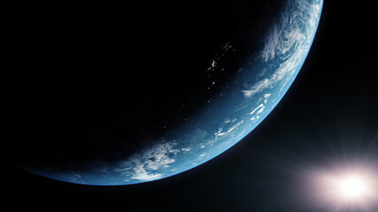 A cinematic rendering of planet Earth during sunrise as view from space with vibrant blue atmosphere and cloudy sky showing continents below