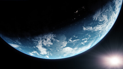 A cinematic rendering of planet Earth during sunrise as view from space with vibrant blue atmosphere and cloudy sky showing continents below - obrazy, fototapety, plakaty