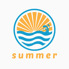 summer beach coast island logo design. sea ocean and summer sun rays illustration vector