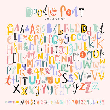Alphabets, punctuations and numbers doodle fonts vector set