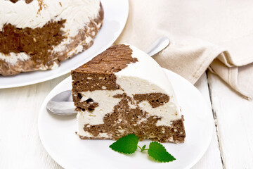 Dessert of curd and chocolate on light board