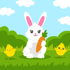 Cheerful rabbit with carrot on the green grass. Cute chickens are dancing around. Colored flat vector illustration isolated on color background. Cartoon character.