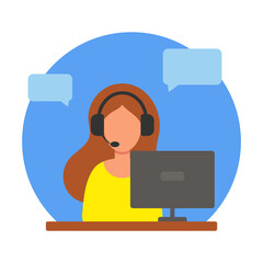 A woman is sitting at a table in headphones with a microphone. Working in the office at the computer. Online customer service. Helping clients. Call center, support, hotline. Vector in flat style.