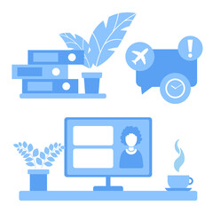 The computer is on the table. Workplace. Work from home. Office desk. Education, study, freelance. Vector illustration in flat style isolated on white background.