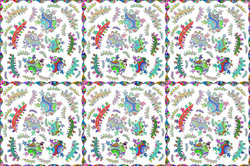 Seamless pattern with interesting doodles on colorfil background. Pano. Raster illustration.