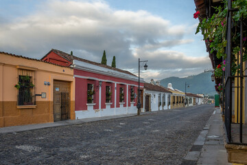Typical cobbled street and cityscape of the colonial city of Antigua Guatemala in Guatemala, Central America.