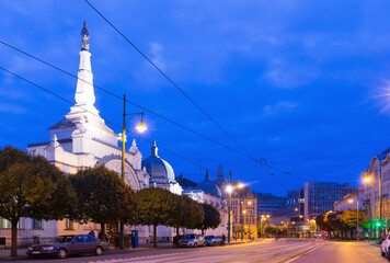 Illustration of view on streets in night light of Szeged in Hungary.