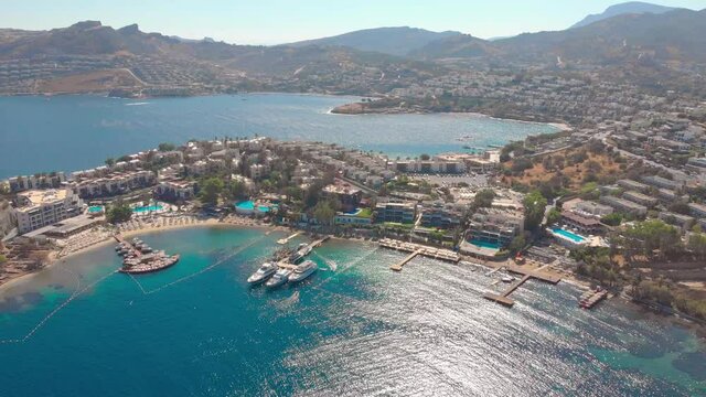 Yachts in the resort bay aerial drone view