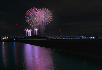 Beautiful Fireworks Celebration In Japan | Summer Season Night Festival | Near The Lake | No People  | Firework With Colourful Shadow 