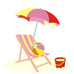 parasol, lounger and beach ball, colored vector illustration on white background, pink color - obrazy, fototapety, plakaty