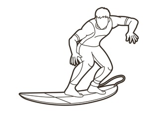 Surfing Sport Male Player Surfer Action Cartoon Graphic Vector