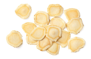 Dried American ginseng slices isolated on white background, top view