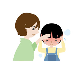 熱に苦しむ男の子と心配する母親（上半身）