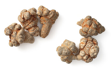 Dried Panax notoginseng roots isolated on white background, top view