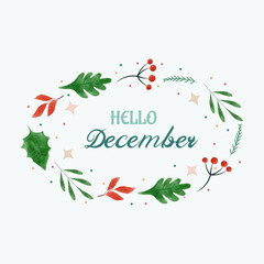 hello december lettering illustration with watercolor flowers 