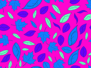 Colorful autumn leaves seamless pattern. Purple, pink and blue leaves. Falling leaves. Background for printing on paper, banners and promotional items. Vector illustration