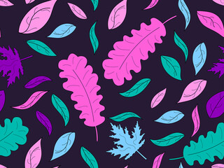 Autumn leaves seamless pattern. Colorful falling leaves, leaf fall. Oak and maple. Autumn background for printing, wrapping paper and advertising. Vector illustration