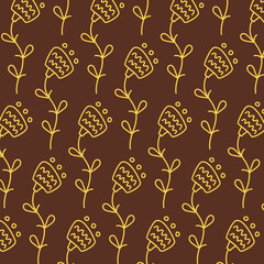 Decorative flowers of yellow color on a brown background. Stylized abstract plants. Flat vector pattern.