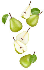 Pear and half pears on white background. Pear isolated on white background. Pear with clipping path