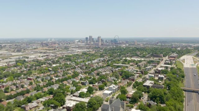 Aerial Hyperlapse High Above St. Louis, Missouri, City Skyline in Background