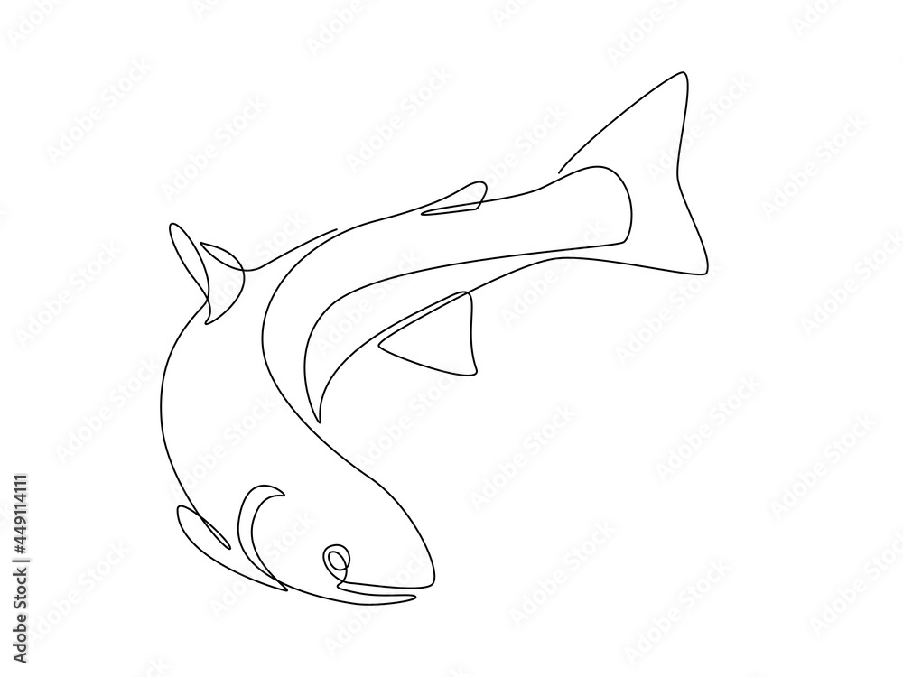 Poster salmon fish in one continuous line drawing. fresh seafood in linear sketch style on white background