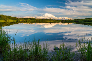alaska's mount denali reflected in calm Reflecting Pond near Wonder Lake sunset