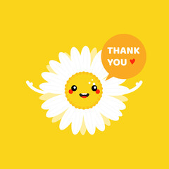 Cute camomile, daisy flower character with speech bubble saying thank you, showing appreciation.
