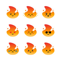 Set, collection, pack of fire, flame emoji, vector cartoon style icons of fire characters with different facial expressions, happy, sad, shining, joyful.

