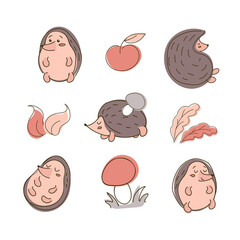 Cute autumn set with hedgehogs, leaves, apple and mushrooms on white background. In trendy earthy shades. For stickers, posters, postcards, design elements