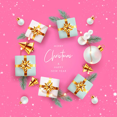 Xmas modern design with 3d realistic golden gift boxes, pine branches, golden conical Christmas trees, balls and falling snow. Christmas greeting card, poster, holiday cover, web social media banner