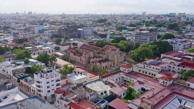 Aerial View Of Cathedral In Ciudad Colonial, Dominican Republic - drone shot