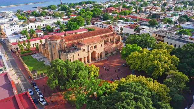 Old Cathedral In Ciudad Colonial, Santo Domingo, Dominican Republic - aerial shot