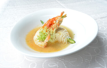 premium braised thread vermicelli noodle with big tiger prawn seafood in stock soup in white background asian halal menu