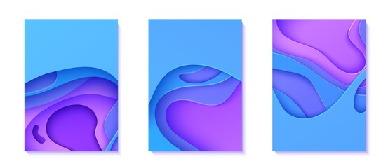 Set of neon wavy flyers in paper cut style. Collection of 3d abstract banners with cut out waves. Blue and violet color gradient cards with holes. Vector cover with origami smooth geometric shapes.