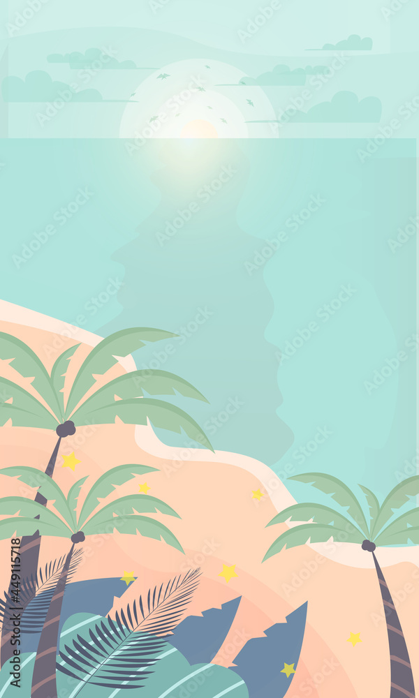 Wall mural Sea beach cartoon style background vector. Sunny day. background design on the beach and coconut trees