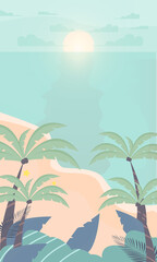 Fototapeta na wymiar Sea beach cartoon style background vector. Sunny day. background design on the beach and coconut trees