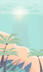 Fototapeta na wymiar Sea beach cartoon style background vector. Sunny day. background design on the beach and coconut trees