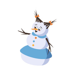 Cute Christmas snow woman with joyful emotions, smile face, happy eyes, arms and legs. Joyful New Year festive decoration with kind expression