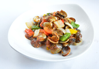 stir fried clam shell seafood with vegetable and chef dry spicy chilli sauce in white background asian halal menu