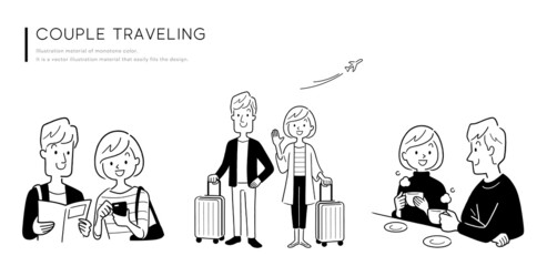 モノトーンイラスト素材：旅行へ出かけるカップル、夫婦、セット
