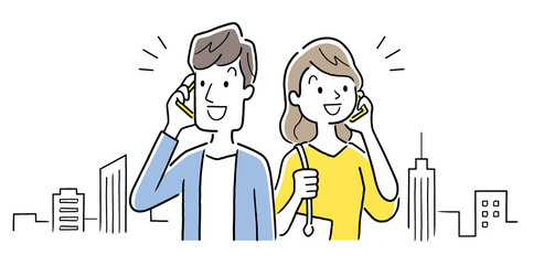 ベクターイラスト素材：スマートフォンで電話する若い男性と女性
