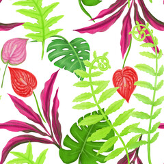 Obraz premium Illustration of tropical plant green leaves and flower drawing seamless pattern
