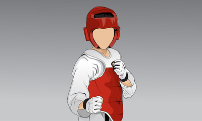 A young taekwondo fighter in a kimono, protective helmet, gloves. The background is abstract gray.