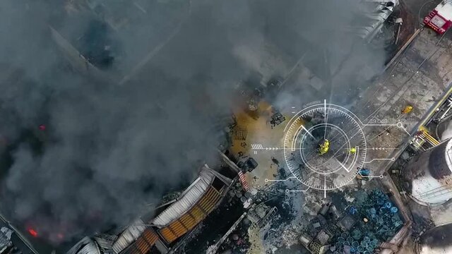Drone tracking firefighters extinguishing a building fire - 3d render animation